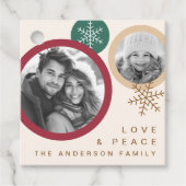 Love peace snowflakes red green photo holiday bedankjes labels (Voorkant)