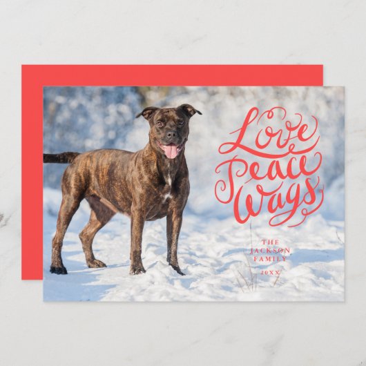 Love Peace Wags Red Script Dog Foto Feestdagenkaart (Voorkant / Achterkant)