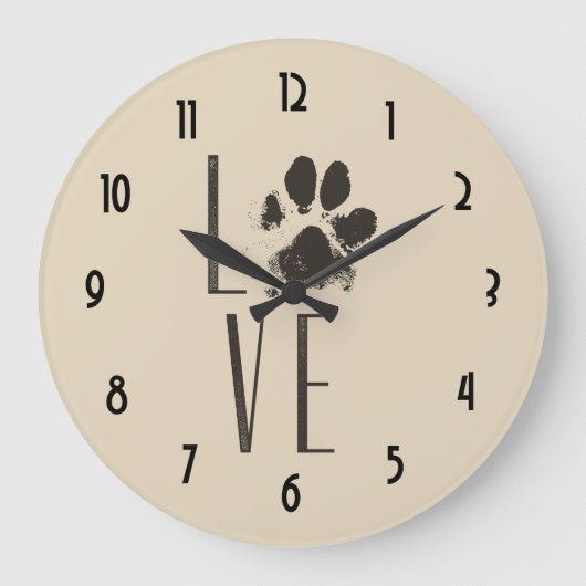 Love Pet Paw Print Brown Grunge Typografie Grote Klok (Voorkant)