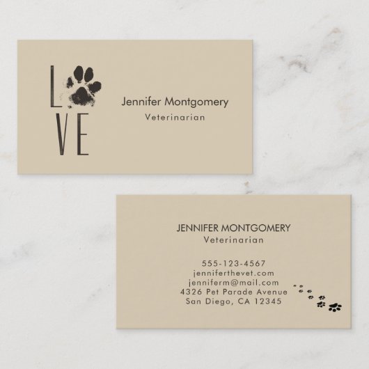 Love Pet Paw Print Brown Grunge Typografie Visitekaartje (Voorkant / Achterkant)