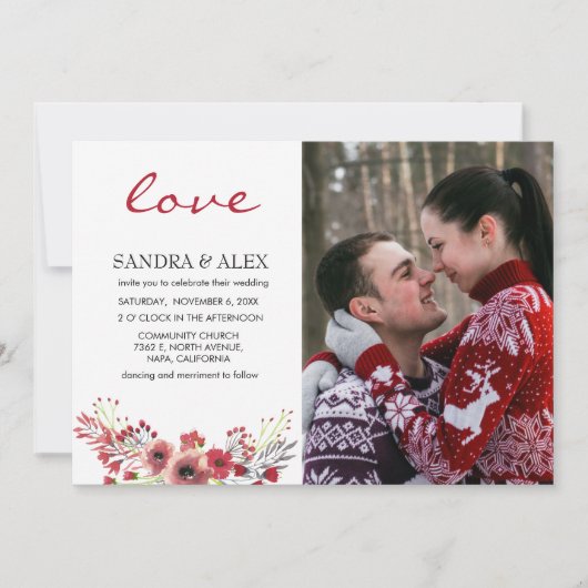 Love Photo Marsala Floral Wedding Invitation Card Kaart (Voorkant)