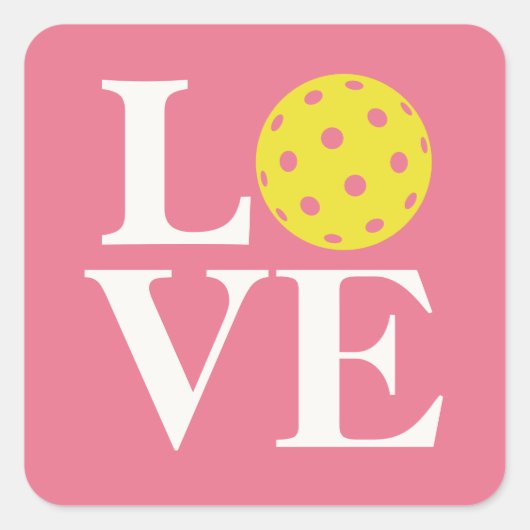 "LOVE" Pickleball Bubblekauwgom Roze Vierkante Sticker (Voorkant)