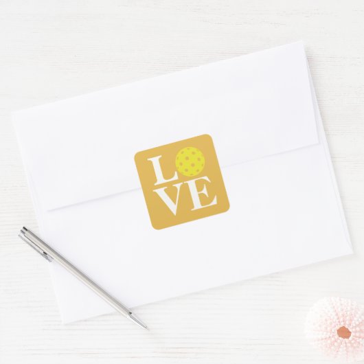 "LOVE" Pickleball Mosterdgeel Vierkante Sticker (Envelop)
