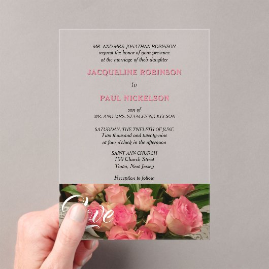 Love Pink Roses Bruid en bruidegom Clear Acryl Uitnodigingen (Insitu (Draagbaar))