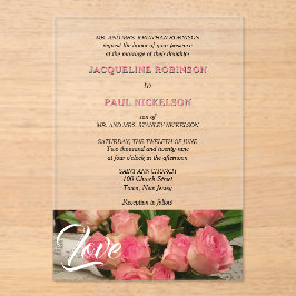 Love Pink Roses Bruid en bruidegom Clear Acryl Uitnodigingen