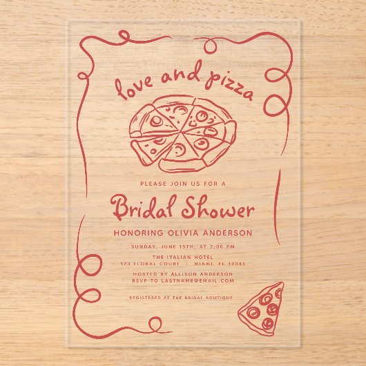 Love & Pizza Italiaans Hand getekend rood Vrijgeze Acryl Uitnodigingen (Voorkant)
