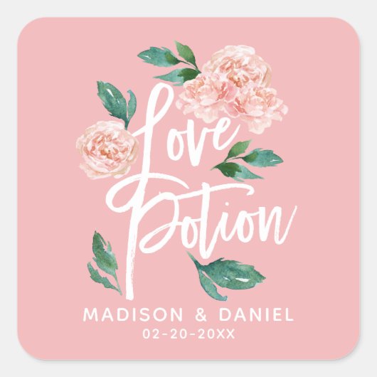 Love Potion Blush Pink Floral Personalized Vierkante Sticker (Voorkant)
