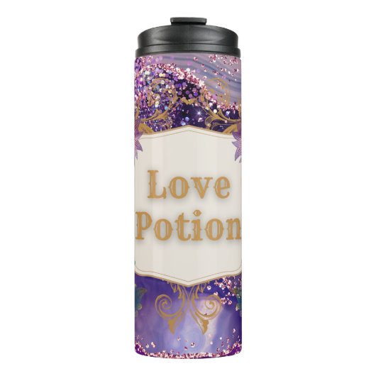 Love potion paarse patroonkunst van Renee Lavoie Thermosbeker (Voorkant)