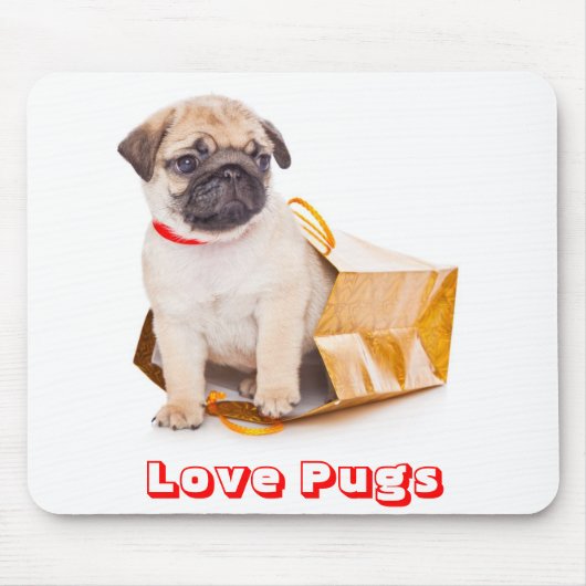 Love Pugs, Pug Puppy Dog in a Gift Bag Mousepad Muismat (Voorkant)
