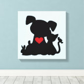 Love Puppy and Kitten Silhouette Blue Canvas Afdruk (Insitu (Houten vloer))