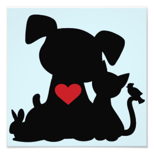 Love Puppy and Kitten Silhouette Blue Foto Afdruk