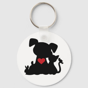 Love Puppy and Kitten Silhouette Button Sleutelhan Sleutelhanger