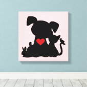 Love Puppy and Kitten Silhouette Pink Canvas Afdruk (Insitu (Houten vloer))