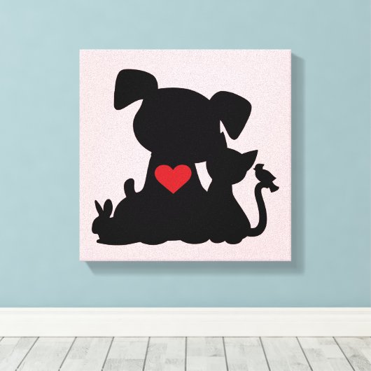 Love Puppy and Kitten Silhouette Pink Canvas Afdruk (Insitu (Houten vloer))