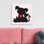 Love Puppy and Kitten Silhouette Pink Canvas Afdruk (Insitu (Woonkamer))