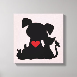 Love Puppy and Kitten Silhouette Pink Canvas Afdruk