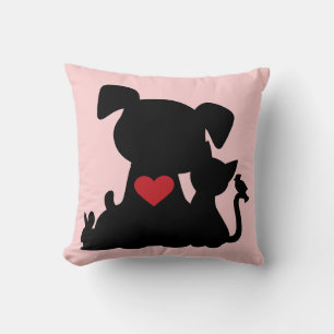 Love Puppy and Kitten Silhouette Pink Pillow Kussen
