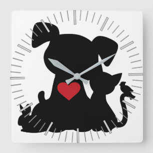Love Puppy and Kitten Silhouette Vierkante Klok