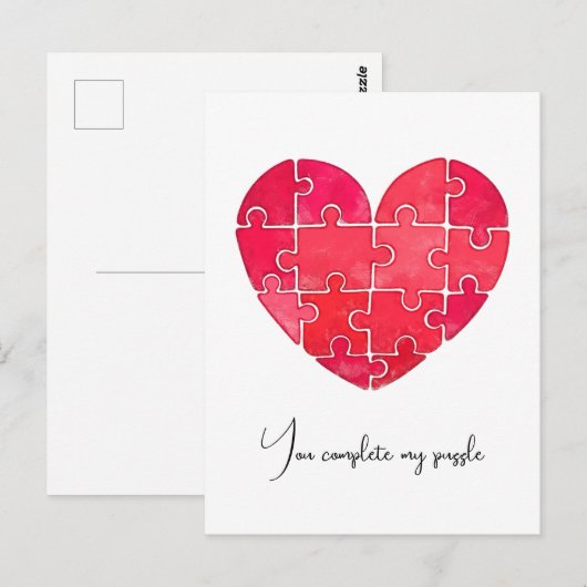Love puzzle solved, red puzzle heart briefkaart (Voorkant / Achterkant)