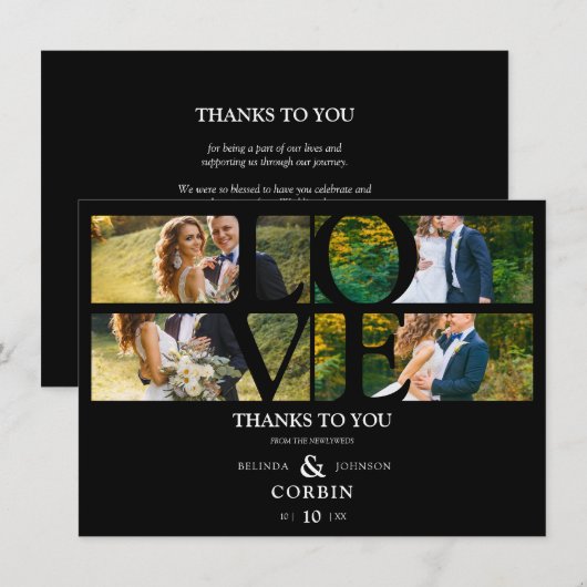 Love Quote Black Trendy Collage Wedding 4 Photos Bedankkaart (Voorkant / Achterkant)