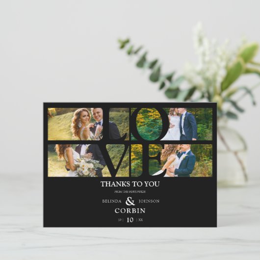 Love Quote Black Trendy Collage Wedding 4 Photos Bedankkaart (Staand voorkant)