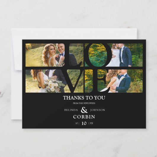 Love Quote Black Trendy Collage Wedding 4 Photos Bedankkaart (Voorkant)