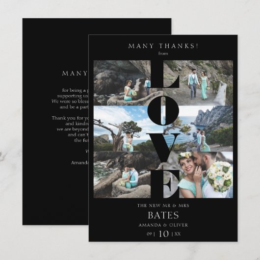 Love Quote Black Trendy Collage Wedding 6 Photos Bedankkaart (Voorkant / Achterkant)