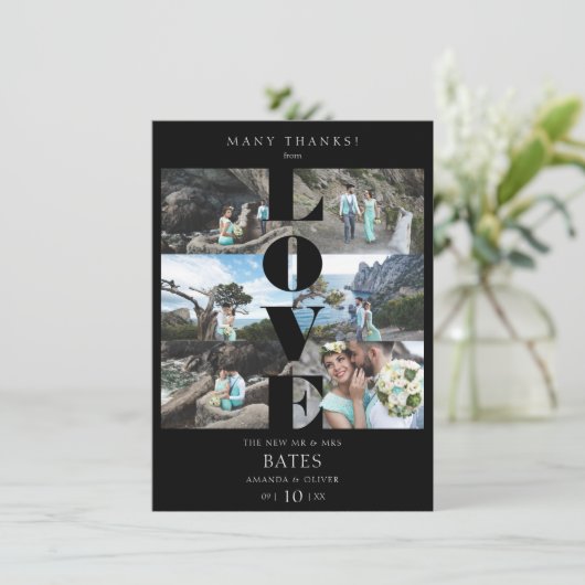 Love Quote Black Trendy Collage Wedding 6 Photos Bedankkaart (Staand voorkant)