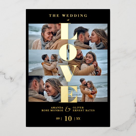 Love Quote Black Trendy Collage Wedding 6 Photos Folie Uitnodiging (Voorkant)