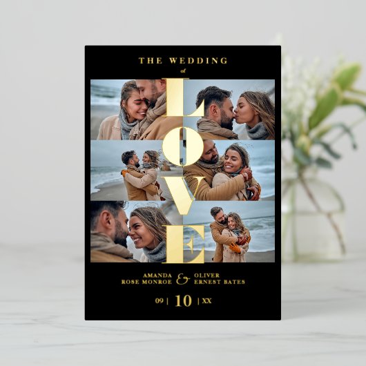 Love Quote Black Trendy Collage Wedding 6 Photos Folie Uitnodiging (Staand Voorkant)