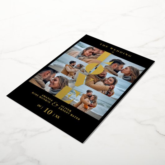 Love Quote Black Trendy Collage Wedding 6 Photos Folie Uitnodiging (Gedraaid)
