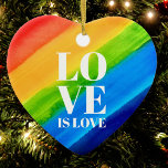 Love Rainbow Gay Pride Heart Keramisch Ornament<br><div class="desc">Liefde is liefde. Viel liefde,  gelijkheid en June Pride Month. Dit Pride Ornament is hartvormig en versierd met regenboogstrepen en stijlvolle witte typografie op een waterverf regenboogachtergrond van rood,  oranje,  geel,  groen,  blauw en paars. Oorspronkelijke Waterverf © Michele Davies.</div>