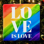 Love Rainbow Gay Pride Keramisch Ornament<br><div class="desc">Liefde is liefde. Viel liefde,  gelijkheid en June Pride Month. Dit Pride Ornament is versierd met regenboogstrepen en een stijlvolle witte typografie op een waterverf regenboogachtergrond van rood,  oranje,  geel,  groen,  blauw en paars. Oorspronkelijke Waterverf © Michele Davies.</div>