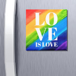 Love Rainbow Gay Pride Magneet<br><div class="desc">Deze Gay Pride Magnet is versierd met LOVE IS LOVE in vetgedrukte witte letters op een waterverf regenboogachtergrond van rood,  oranje,  geel,  groen,  blauw en paars. Oorspronkelijke Waterverf © Michele Davies.</div>