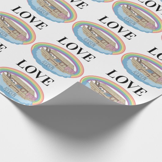Love Rainbow Noah's Ark aangepaste naam Cadeaupapier (Hoek)