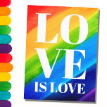 Love Rainbow Pride Briefkaart<br><div class="desc">Dit Gay Pride Briefkaart is versierd met LOVE IS LOVE in vetgedrukte witte letters op een waterverf regenboogachtergrond van rood,  oranje,  geel,  groen,  blauw en paars. Oorspronkelijke Waterverf © Michele Davies.</div>