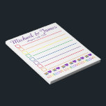 Love Rainbow Wedding Cake Heart Favor Notitieblok<br><div class="desc">Het ontwerp van het boodschappenbord van de lijststijl kenmerkt een originele tellersillustratie van een plak van de regenboogbruiloft en een paars hart, met LOVE in een regenboogdoopvont. Pas je aan met je trouwgegevens voor een unieke gunst. Er zijn ook veel extra geïllustreerde notitieblokken beschikbaar in deze winkel. Dit ontwerp is...</div>