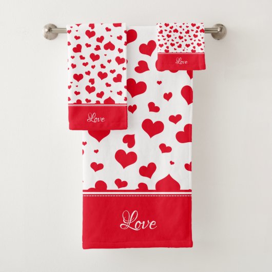 "Love" Red en White Random Heart Random Pattern Bad Handdoek (Insitu)