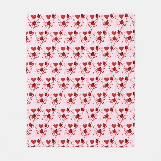 Love Red Hearts and Ladybugs Pink Fleece Deken (Voorkant)
