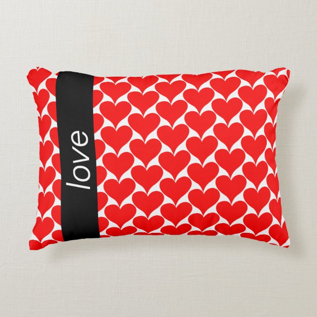 Love Red Hearts Zwart Wit Patroon Accent Kussen (Voorkant)
