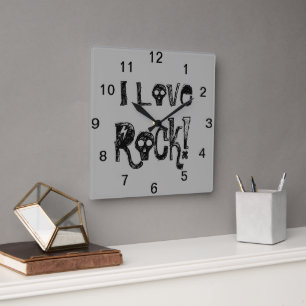 Love Rock Skulls Black Grey Wall Clock Vierkante Klok