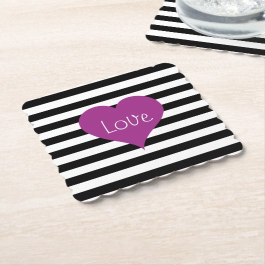 LOVE Roze Hart Zwart & Witte Strepen Patroon Kartonnen Onderzetters (Gebogen)
