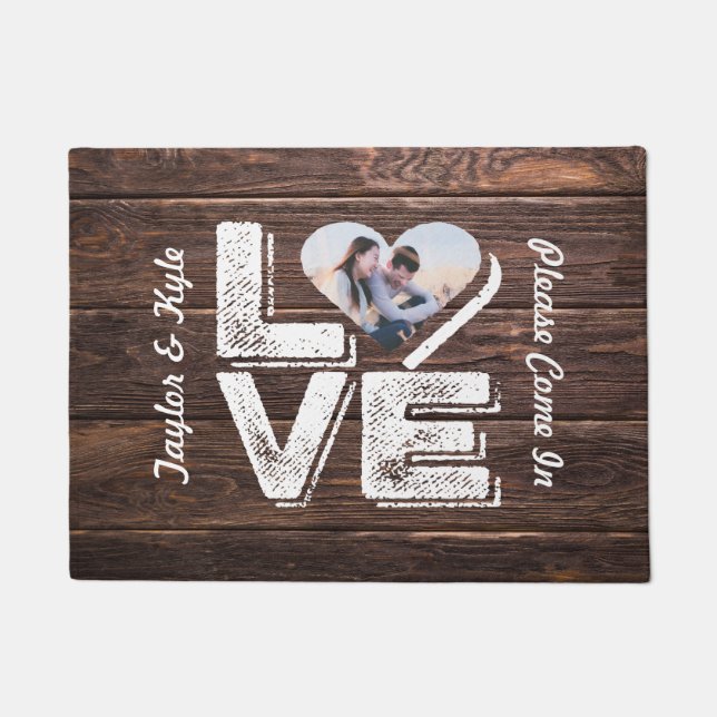 Love Rustic Woodland Photo Heart Lijst Monogram Deurmat (Voorkant)