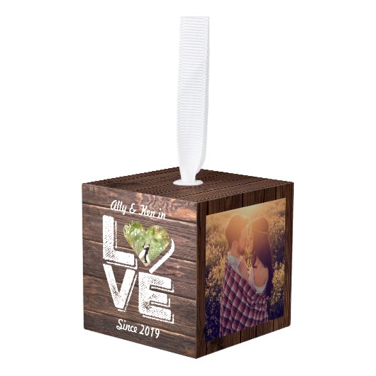 Love Rustic Woodland Photo Heart Lijst Monogram Kubus Ornament (Voorkant hoekig)