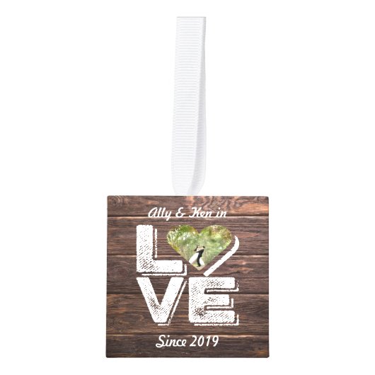 Love Rustic Woodland Photo Heart Lijst Monogram Kubus Ornament (Voorkant)