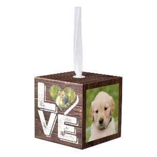 Love Rustic Woodland Photo Heart Lijst Monogram Kubus Ornament