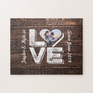 Love Rustic Woodland Photo Heart Lijst Monogram Legpuzzel