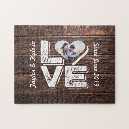 Love Rustic Woodland Photo Heart Lijst Monogram Legpuzzel (Horizontaal)