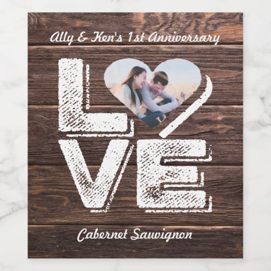 Love Rustic Woodland Photo Heart Lijst Monogram Wijn Etiket (Enkel label)