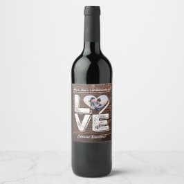 Love Rustic Woodland Photo Heart Lijst Monogram Wijn Etiket